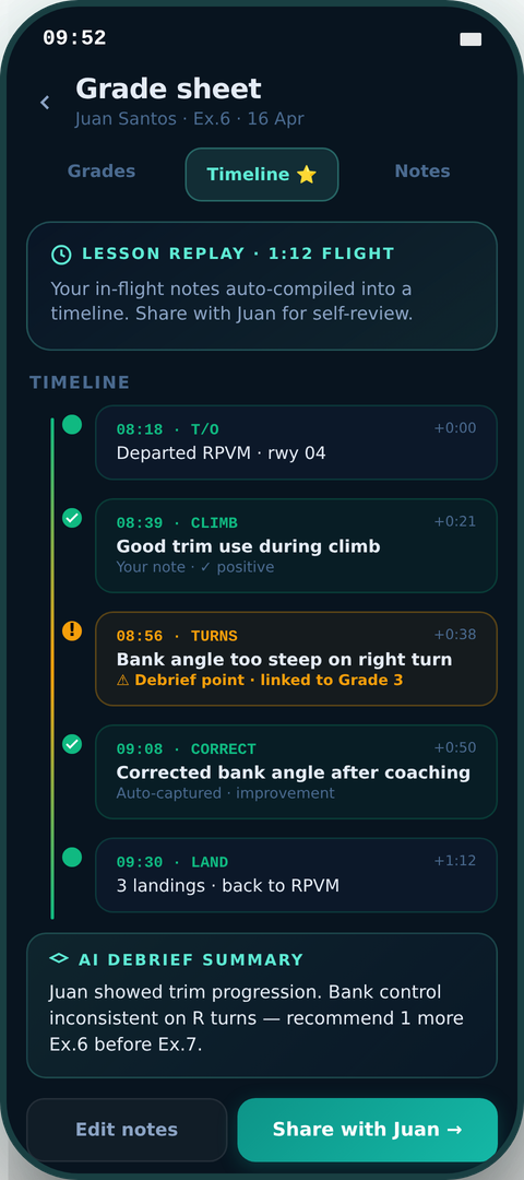 Kryvox Lesson Replay screen — flight timeline with one-tap notes auto-linked to CAAP grades