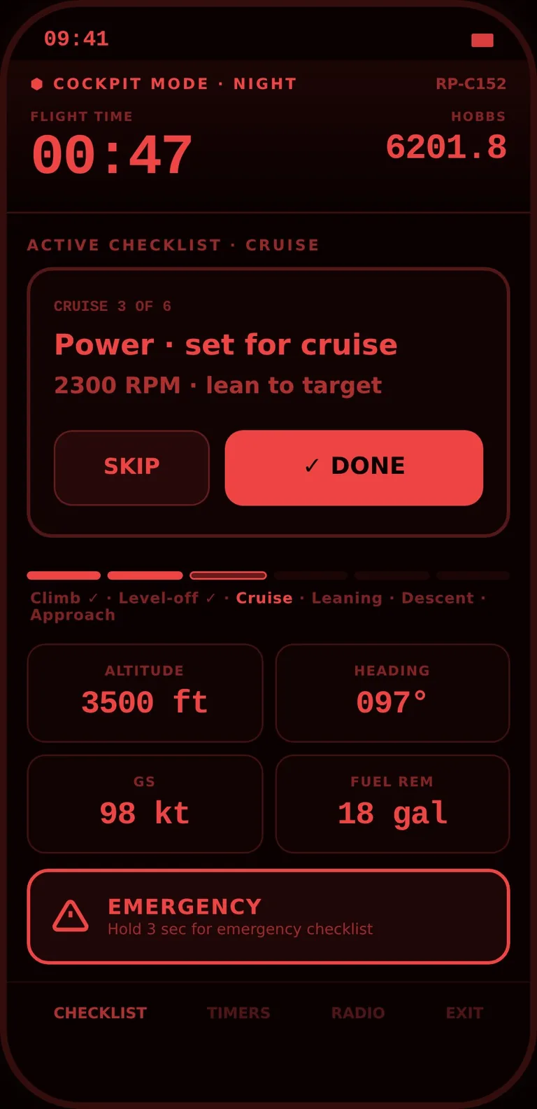 Kryvox Cockpit Mode — night-vision red UI for in-flight use