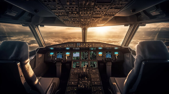 Airline flight deck at sunset above the clouds — the seat every CAFS cadet earns.