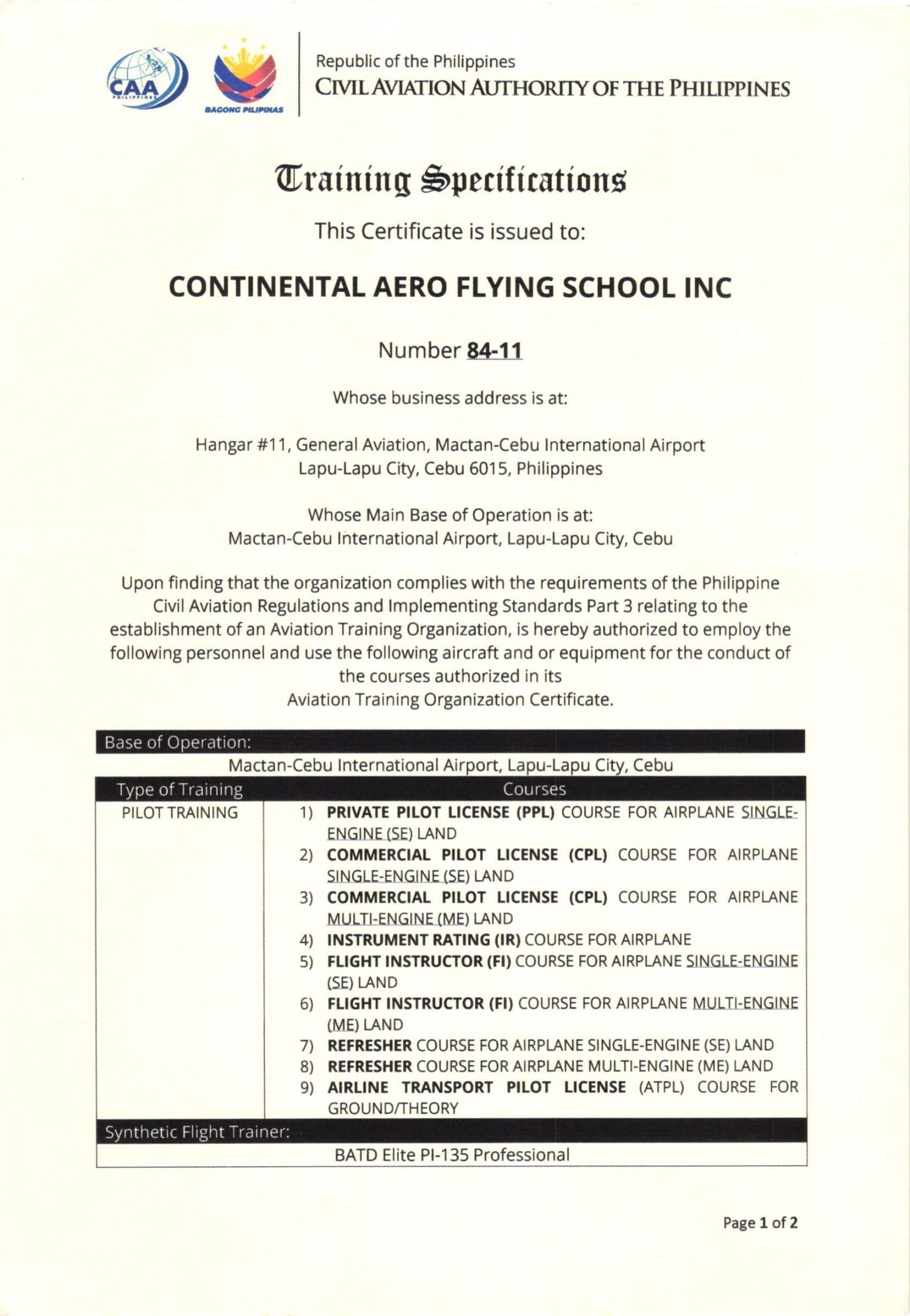 CAAP Training Specifications certificate issued to Continental Aero Flying School Inc., Number 84-11