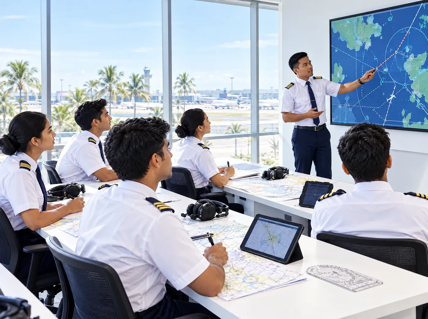 Cadets in a ground-school navigation class with charts and plotters