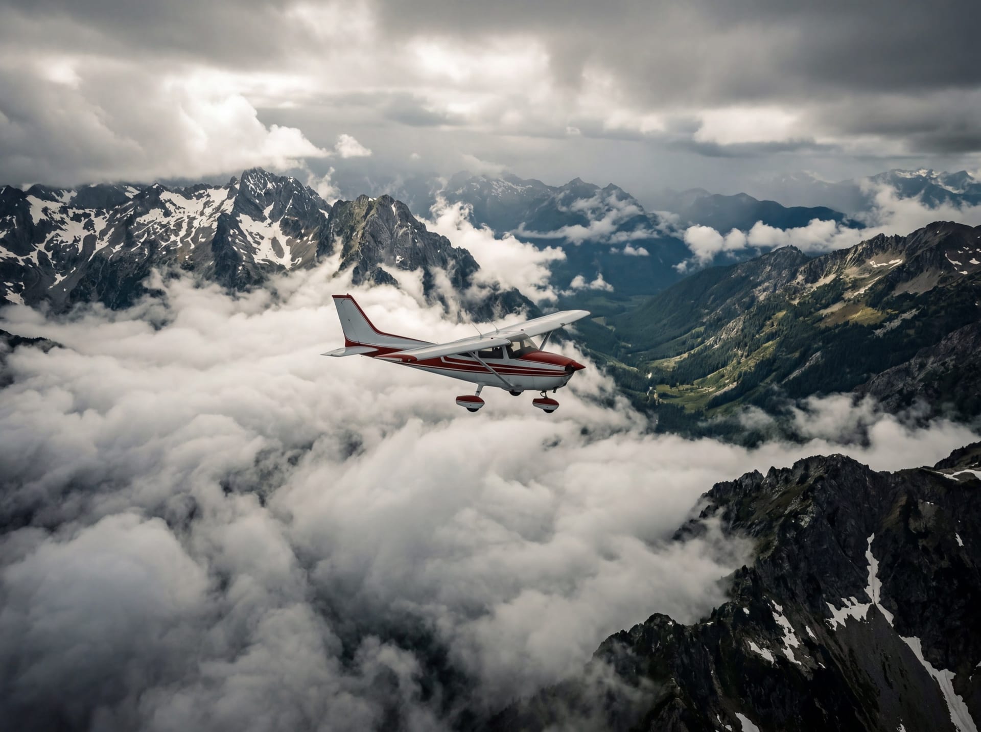 Aircraft flying through mountain weather