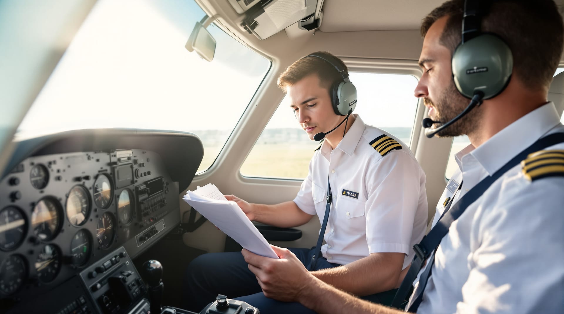 CAFS cadet performing pre-flight check in Cessna cockpit with instructor