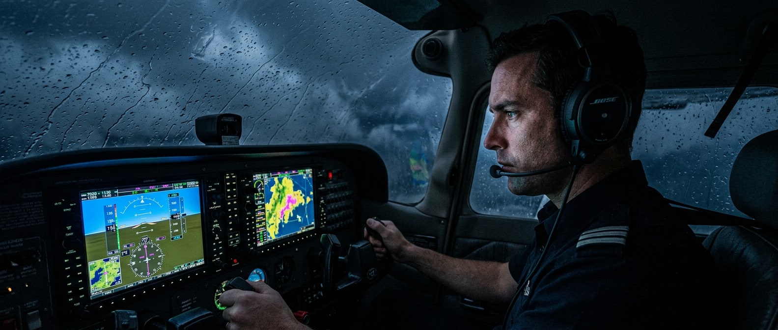 Pilot at glass cockpit instruments flying through clouds — IFR procedure training