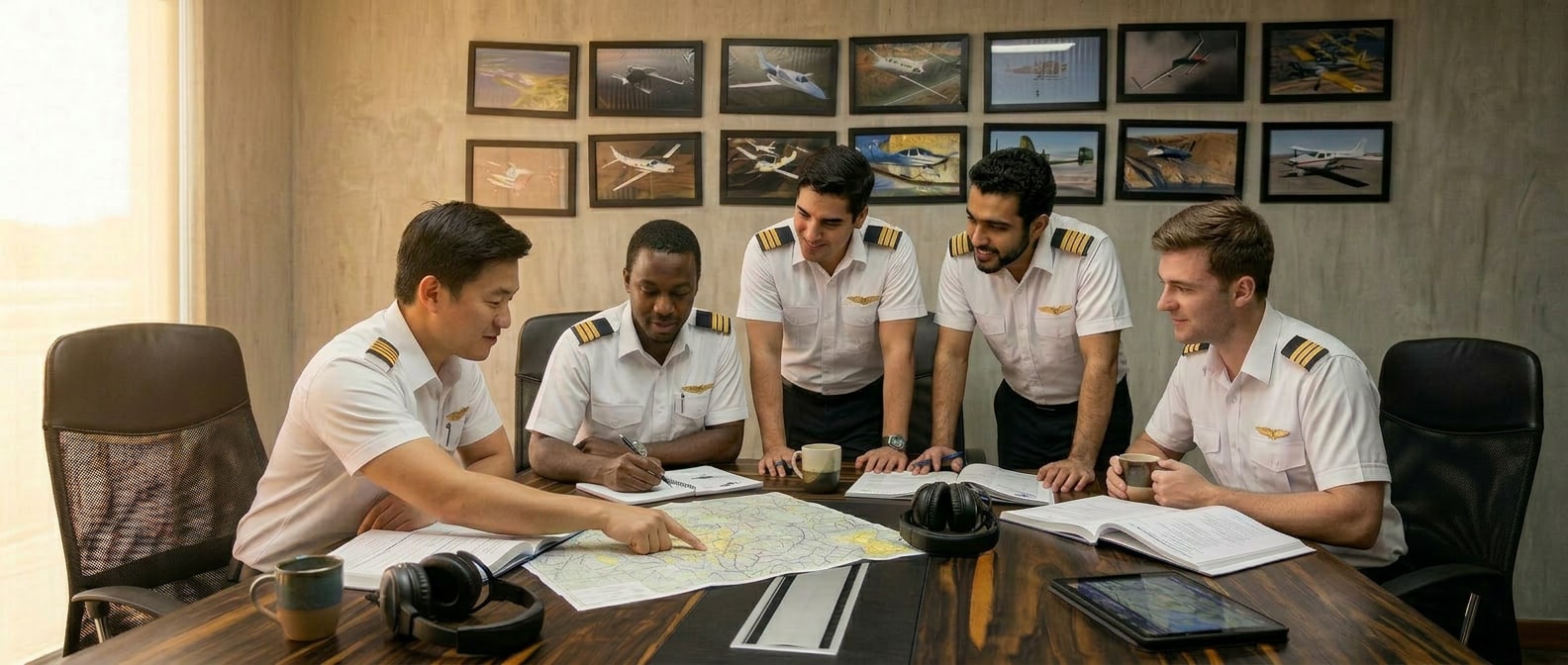 CAFS cadets and instructors reviewing aviation charts in ground school briefing