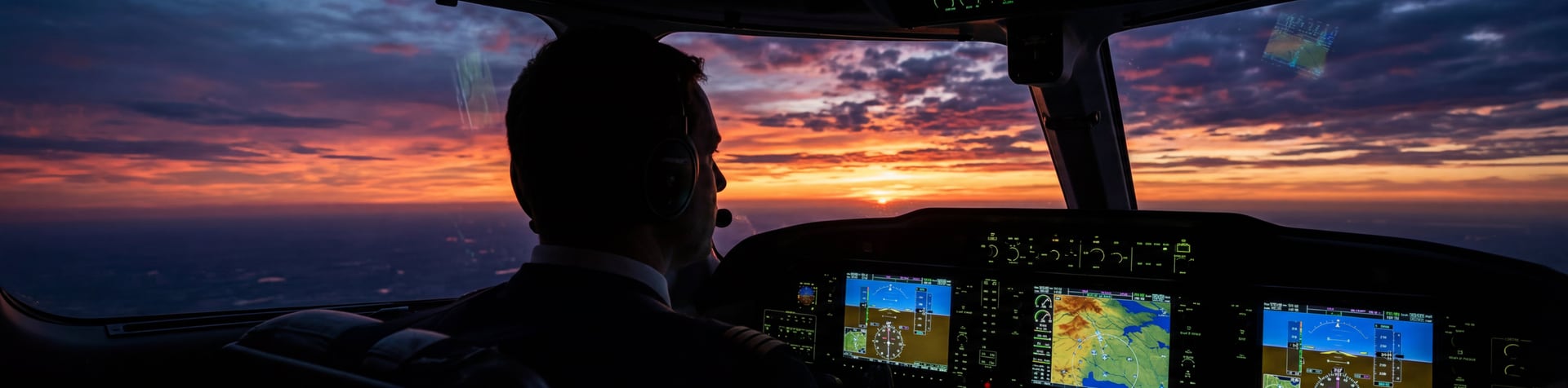 Cessna cockpit at sunset with pilot silhouette looking at horizon over clouds — the view that awaits every student pilot