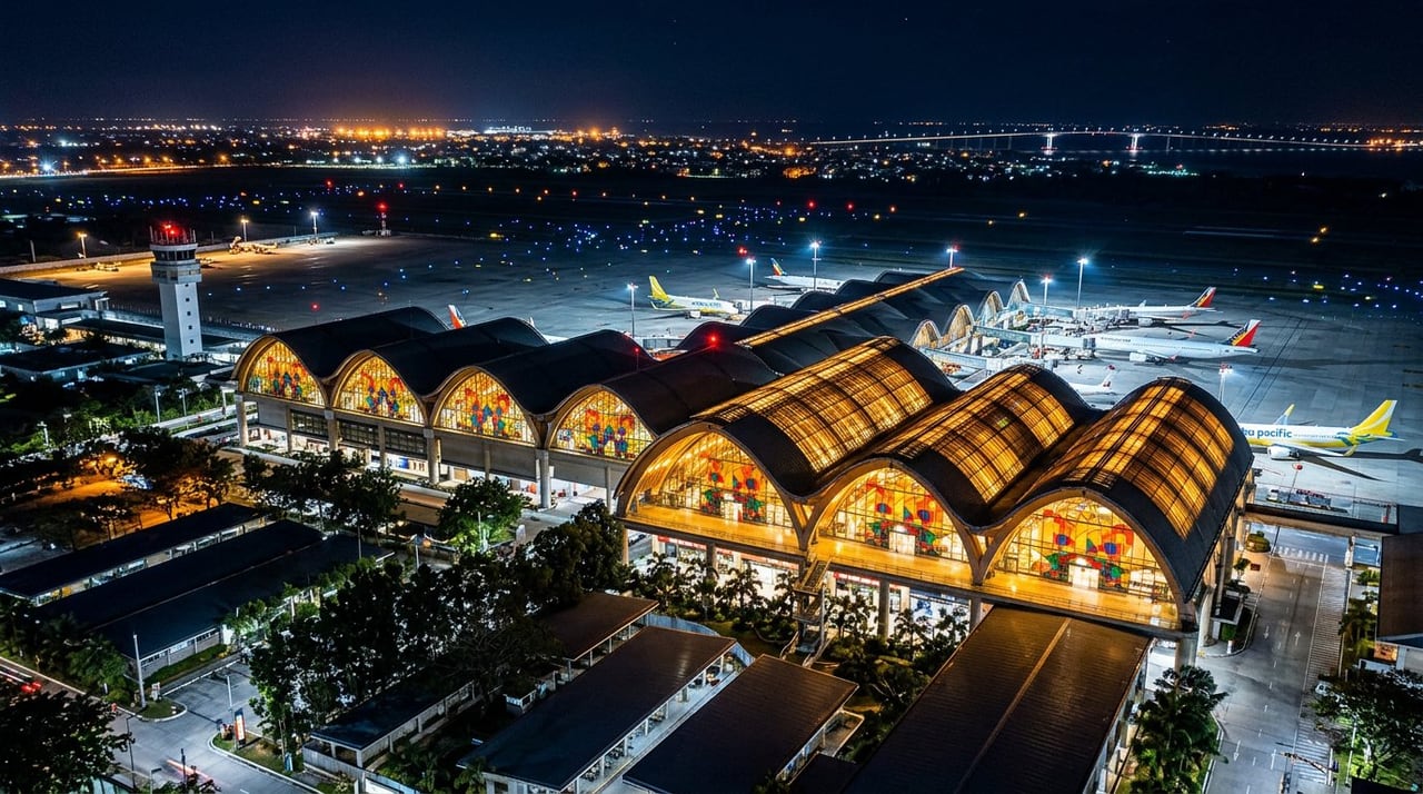 Mactan-Cebu International Airport terminal at night, aerial view