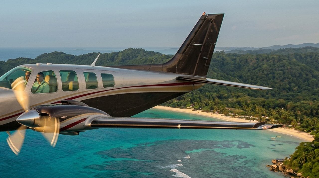 Beechcraft Baron in flight over a tropical coastline and reef