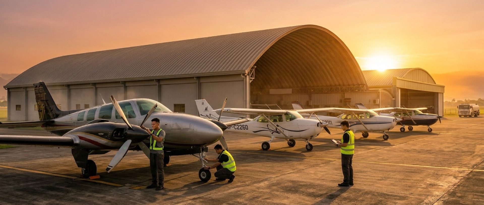 CAFS campus at Mactan-Cebu — hangar with Beechcraft Baron and Cessna 172 fleet at sunset, ground crew completing pre-flight checks