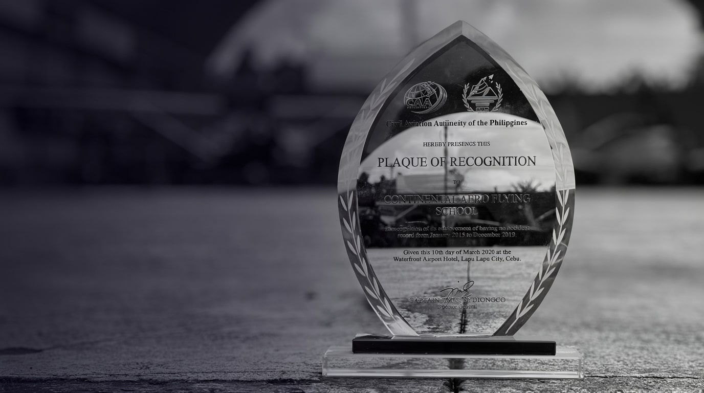 CAAP Plaque of Recognition awarded to Continental Aero Flying School — zero-accident record 2015–2019, issued March 2020